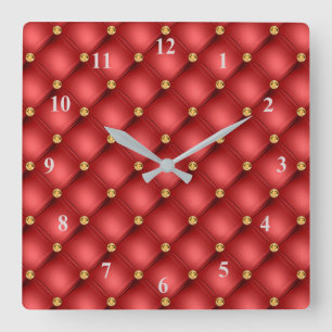 Gold Diamond Tufted Red Leather Wall Clock