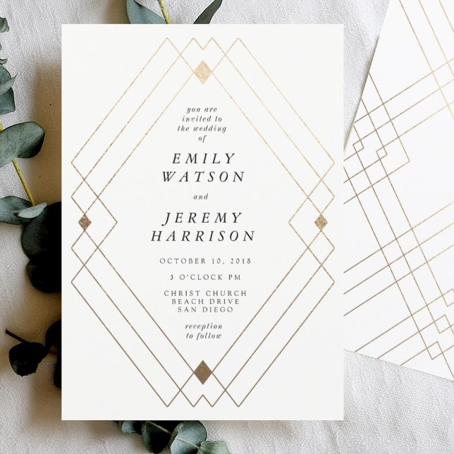 Gold Diamond White Geometric Deco Gatsby Wedding Invitation (Creator Uploaded)