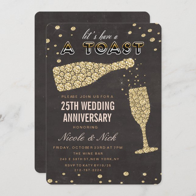 Gold Diamond Wine Glass Anniversary Invitation (Front/Back)