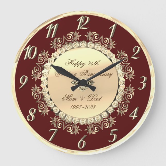Gold Diamonds 25th Burgundy Wedding Anniversary  Large Clock (Front)