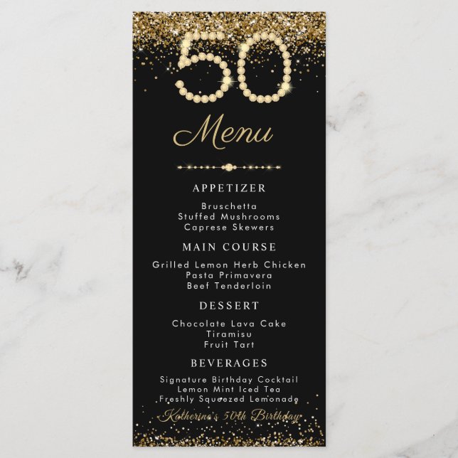 Gold Diamonds 50th Birthday Dinner Flat Menu (Front)