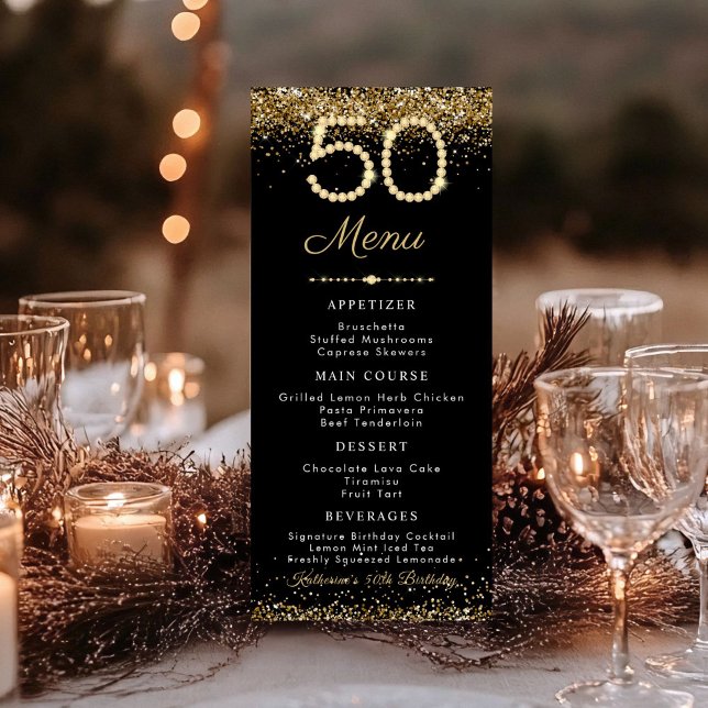 Gold Diamonds 50th Birthday Dinner Flat Menu (Gold Diamonds 50th Birthday menu card)