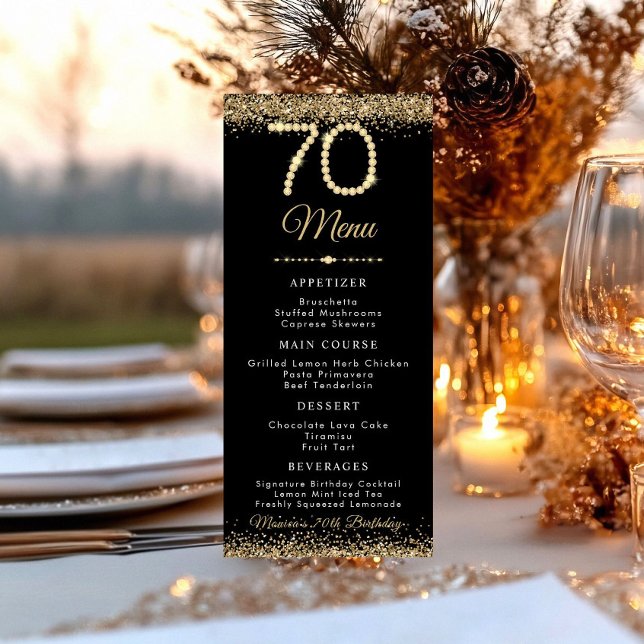 Gold Diamonds 60th Birthday Dinner Flat Menu (Gold Diamonds 70th Birthday Dinner menu card)
