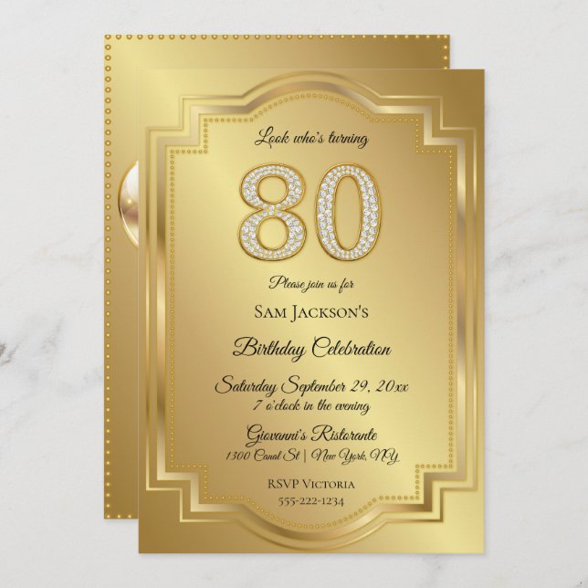 Gold & Diamonds 80th Birthday Anniversary Invitation (Front/Back)