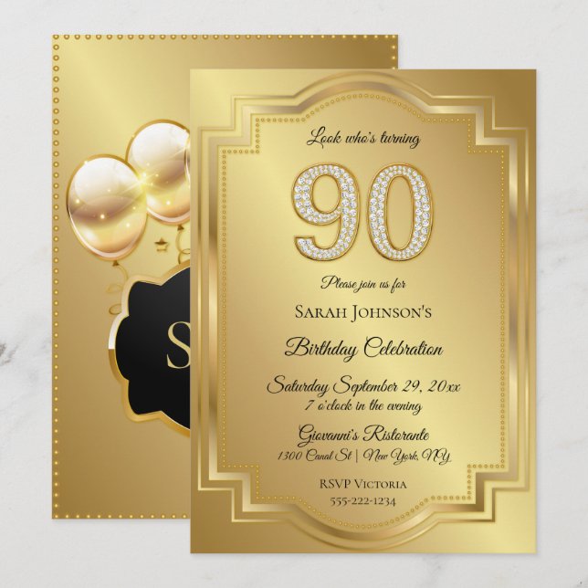 Gold & Diamonds 90th Birthday Anniversary Invitation (Front/Back)