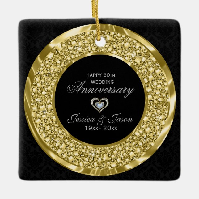 Gold Diamonds And Black Damask. 50th Anniversary Ceramic Tree Decoration (Front)