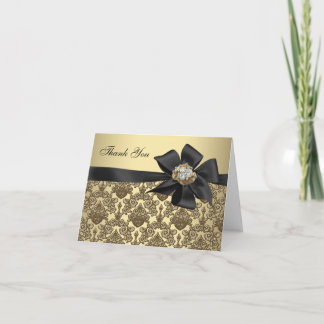 Gold Diamonds Black Damask Thank You Cards