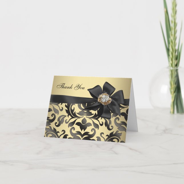 Gold Diamonds Black Damask Thank You Cards (Front)