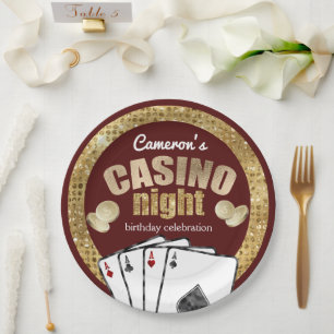 Gold Diamonds Burgundy Casino Night Party Paper Plate