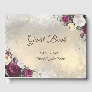 Gold Diamonds Burgundy Floral Wedding Guest Book