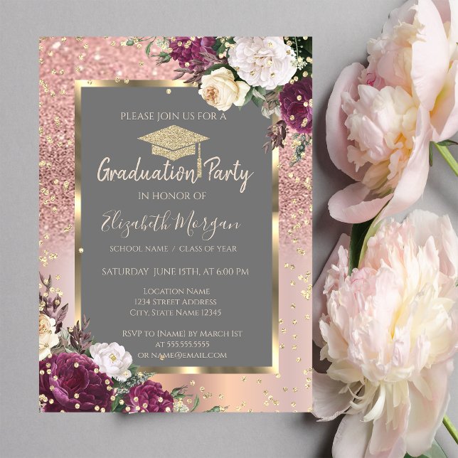 Gold  Diamonds Burgundy Flowers Graduation Invitation (Creator Uploaded)