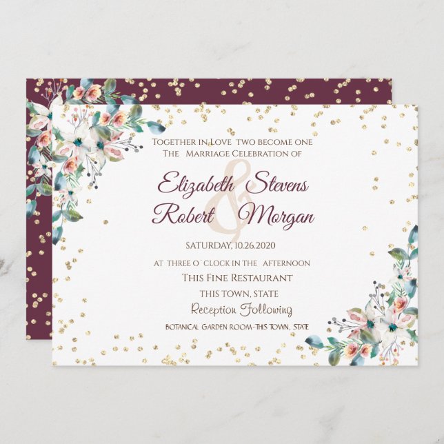 Gold Diamonds Burgundy Flowers Wedding Invitation (Front/Back)