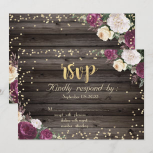 Gold Diamonds Burgundy Flowers Wood Invitation
