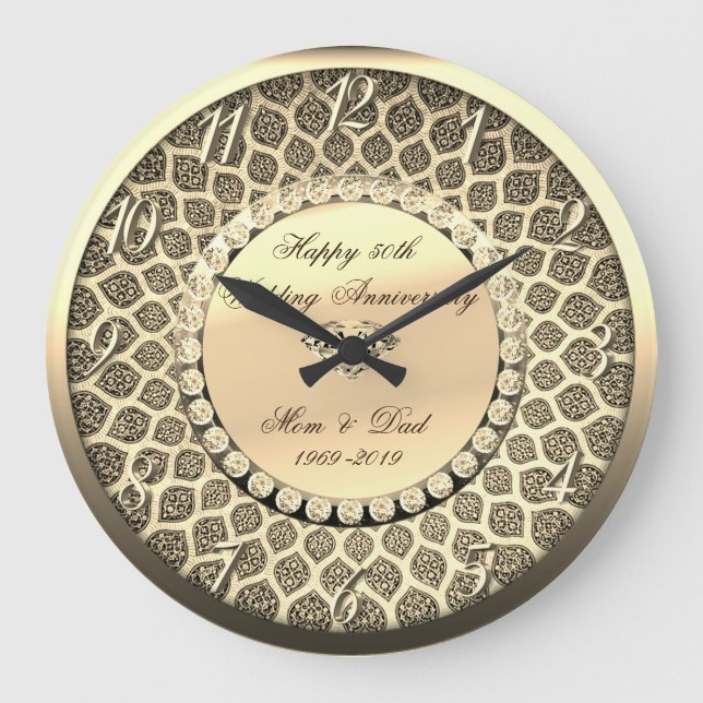 Gold Diamonds,Damask  25th Wedding Anniversary Large Clock (Front)