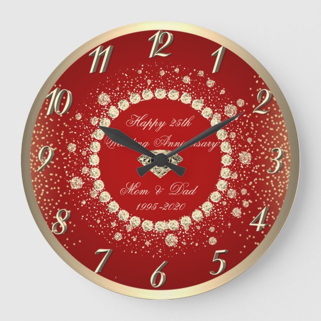 Gold Diamonds Dots Red 25th Wedding Anniversary Large Clock (Front)