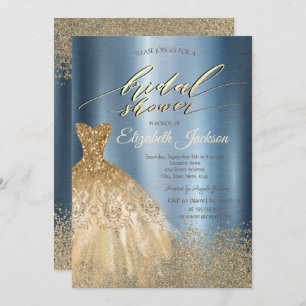 Gold Diamonds Dress Blue Metallic Bridal Shower Invitation
