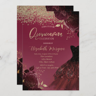 Gold Diamonds,Dress,Burgundy Roses Quinceanera  Invitation