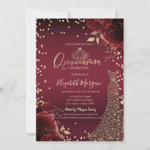 Gold Diamonds Dress Dark Red Roses  Quinceañera Invitation