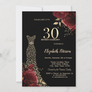 Gold Diamonds Dress Red Roses Black 30th Birthday Invitation
