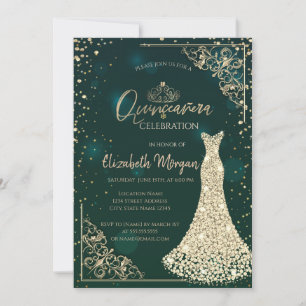 Gold Diamonds Dress Tiara Green Quinceañera Invitation