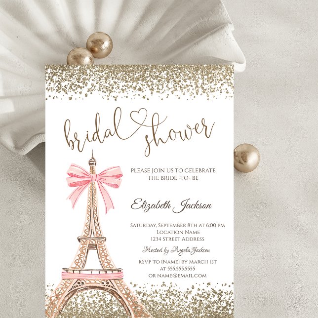 Gold Diamonds Eiffel Tower Bow Bridal Shower  Invitation (Creator Uploaded)