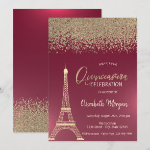 Gold Diamonds,Eiffel Tower Red Quinceanera Invitation