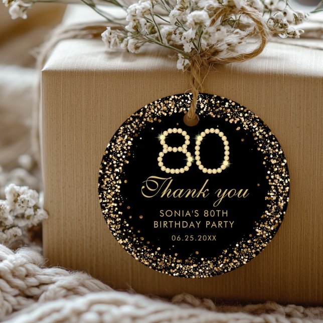 Gold Diamonds Elegant 80th Birthday Thank you Tag (Black and Gold 80th birthday thank you tag)