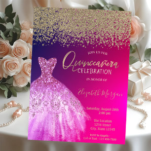 Gold Diamonds,Elegant Chic Dress  Quinceañera Invitation