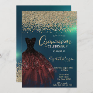 Gold Diamonds,Elegant Dress Green Quinceanera Invitation
