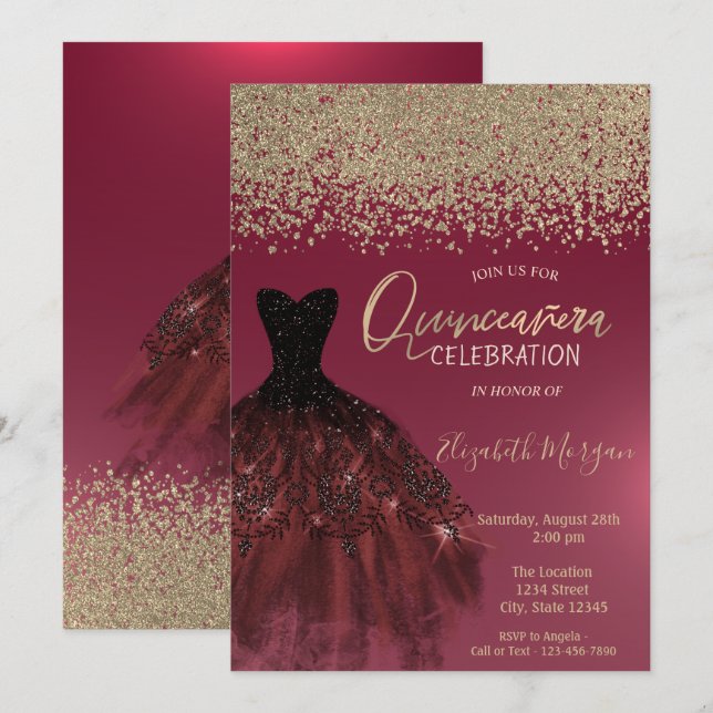 Gold Diamonds,Elegant Dress Red Quinceanera Invitation (Front/Back)