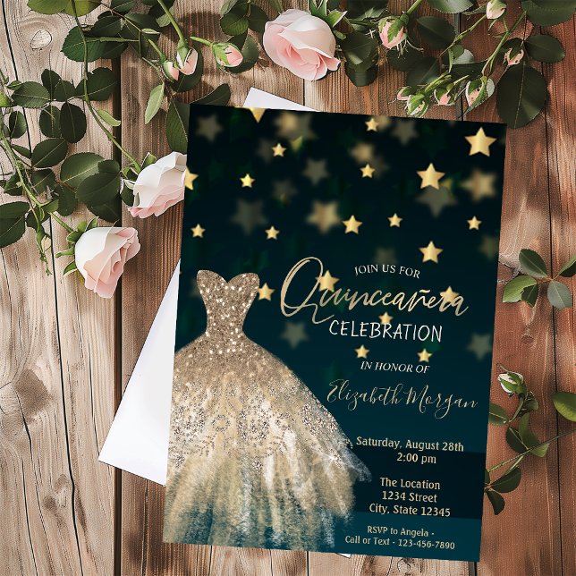 Gold Diamonds,Elegant Dress Stars Quinceañera Invitation (Creator Uploaded)
