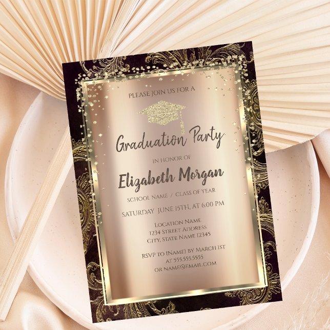 Gold Diamonds Floral Damask Graduation  Invitation (Creator Uploaded)