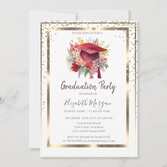 Gold Diamonds,Frame,Floral Graduation Cap  Invitation (Front)