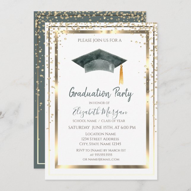 Gold Diamonds,Frame,Graduation Cap Graduation Invitation (Front/Back)