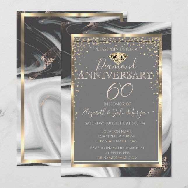 Gold  Diamonds Frame Marble Wedding Anniversary Invitation (Front/Back)