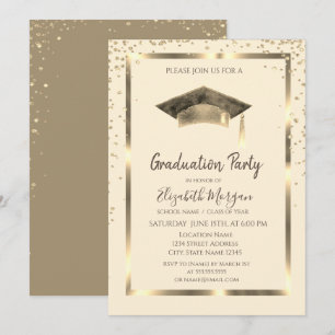 Gold Diamonds,Frame,Watercolor Grad Cap Cream Invitation