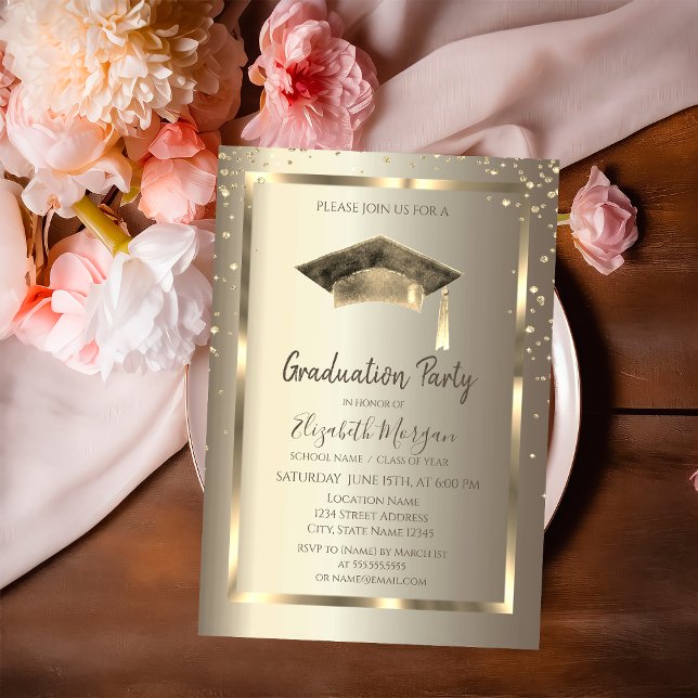 Gold Diamonds Frame,Watercolor Grad Cap Gold Invitation (Creator Uploaded)