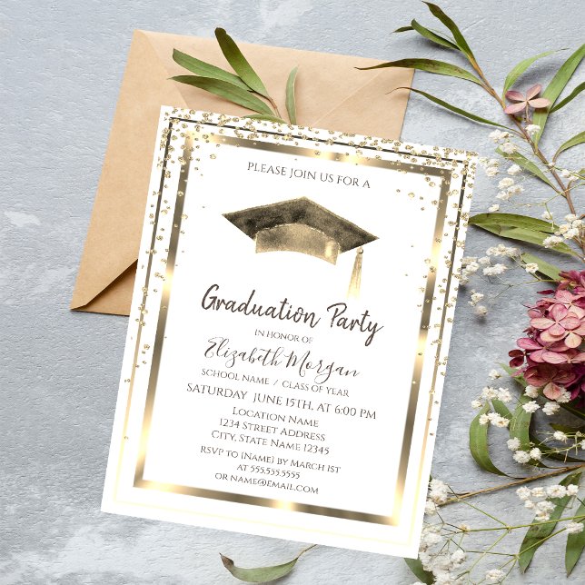 Gold Diamonds,Frame,Watercolor Graduation Cap  Invitation (Creator Uploaded)