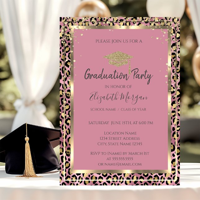Gold Diamonds Grad Cap Leopard Print Graduation Invitation (Creator Uploaded)