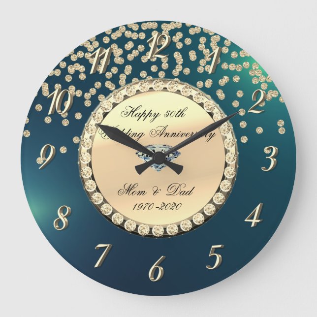 Gold Diamonds Green 25th Wedding Anniversary Large Clock (Front)