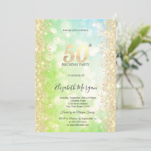 Gold  Diamonds Green Blue Bokeh 50th Birthday   Invitation