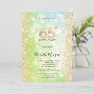 Gold Diamonds Green Blue Bokeh 65th Birthday   Invitation