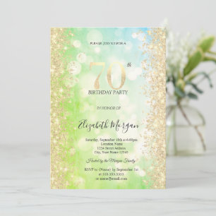 Gold Diamonds Green Blue Bokeh 70th Birthday Invitation