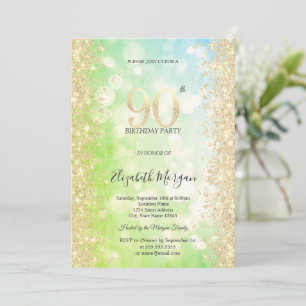 Gold  Diamonds Green Blue Bokeh 90th Birthday   Invitation