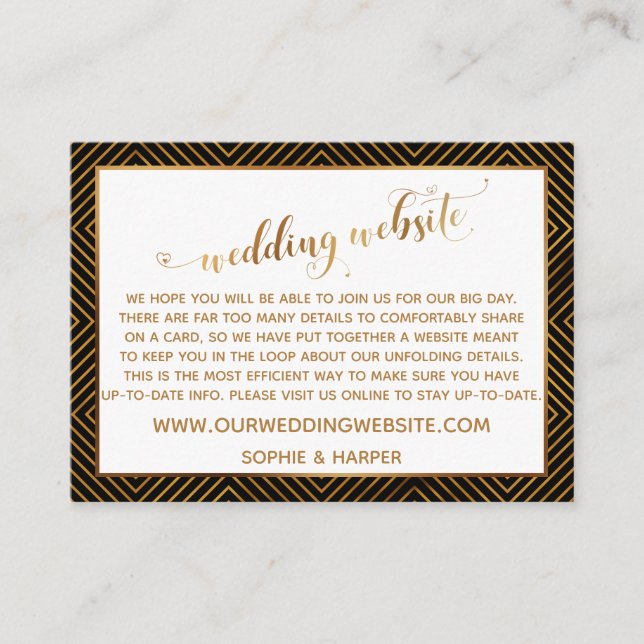 Gold Diamonds Hearts Script Black Wedding Website Enclosure Card (Front)