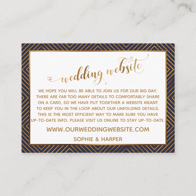 Gold Diamonds Hearts Script Wedding Website Navy Enclosure Card (Front)