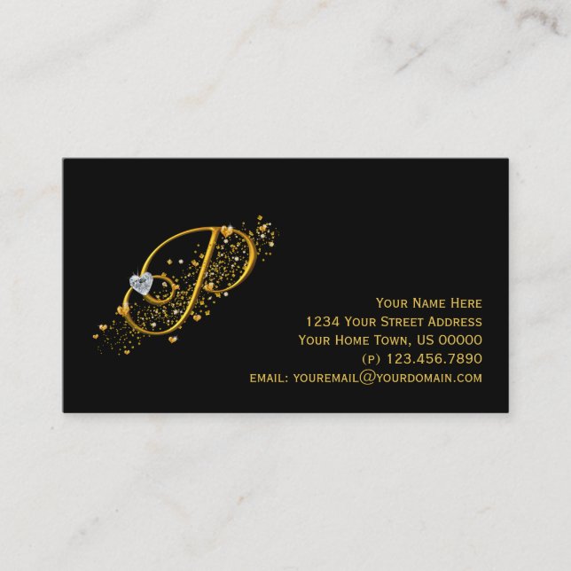 Gold & Diamonds Initial P Stardust Business Card (Front)