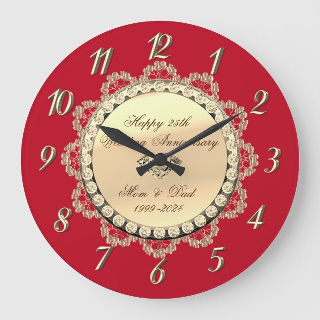 Gold Diamonds Ornaments Red Wedding Anniversary Large Clock (Front)