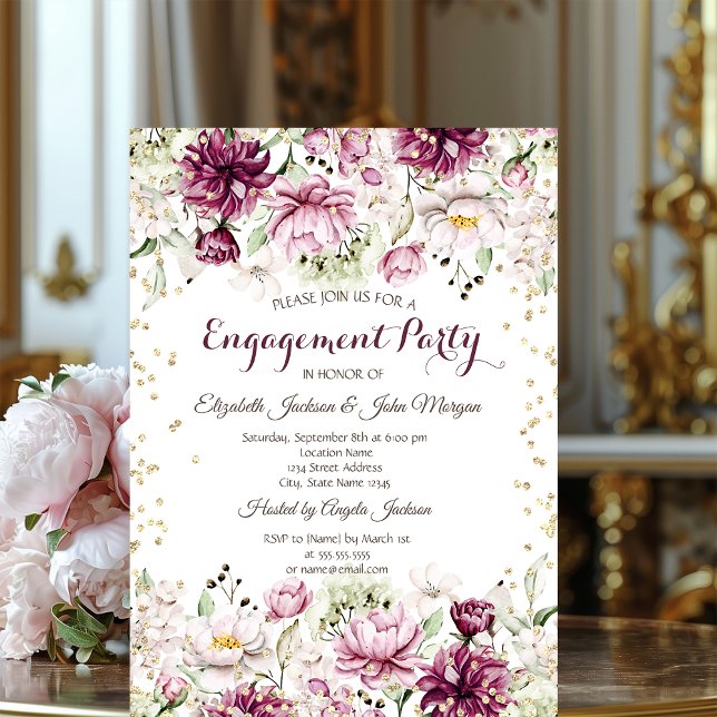 Gold Diamonds Pink Flowers Engagement  Invitation (Creator Uploaded)
