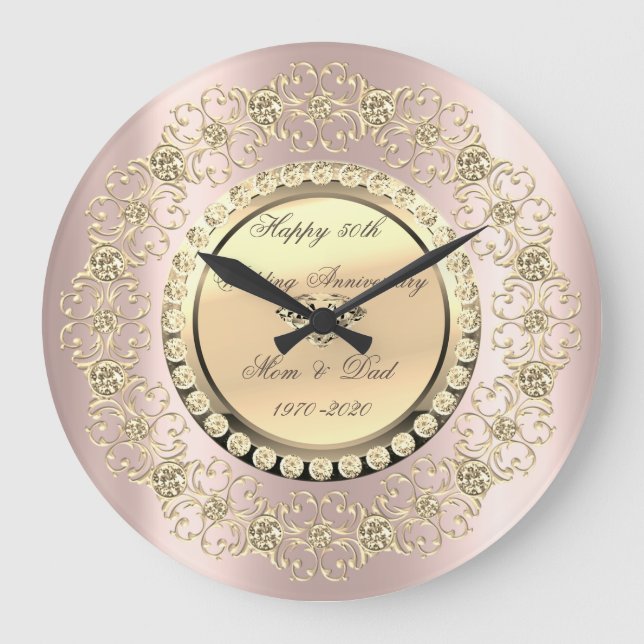 Gold Diamonds Rose Gold 25th Wedding Anniversary Large Clock (Front)